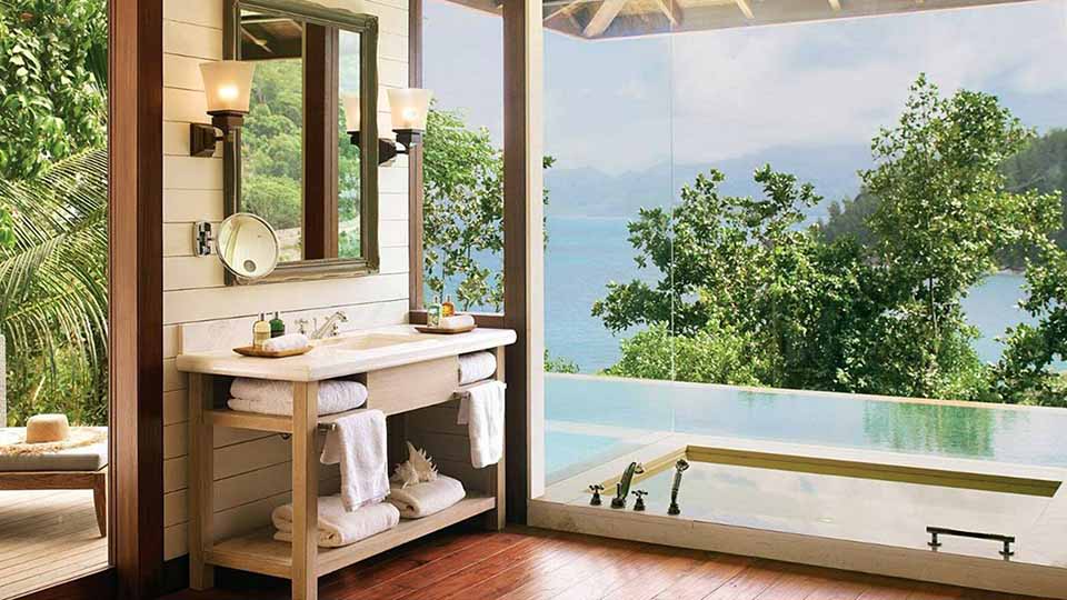 Ocean View Bathroom overlooking the bay Four Seasons Mahe Seychelles