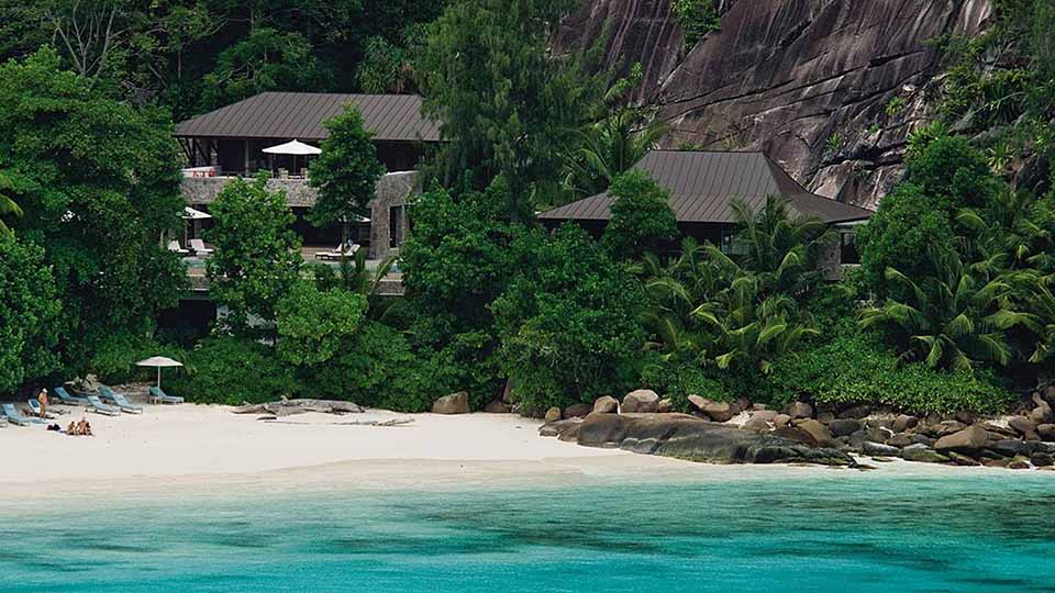 A view of the Royal Suite and beach at Four Seasons Mahe Seychelles