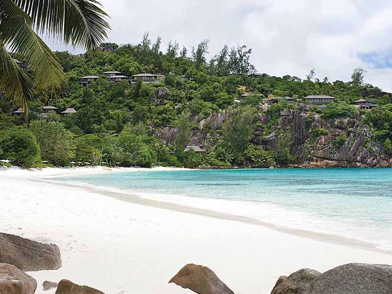 Stunning white sand beaches of the Four Seasons Mahe Seychelles